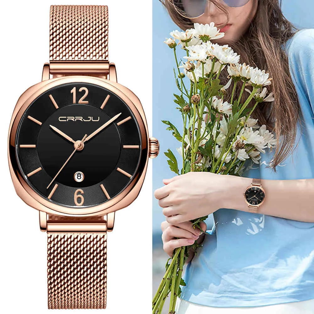 Mulheres relógios CRRJU Top Marca Luxo Data de Moda Senhoras Relógios De Pulso De Pulso Aço Inoxidável Rosa Malha Correia Feminino Quartz Watch 210517