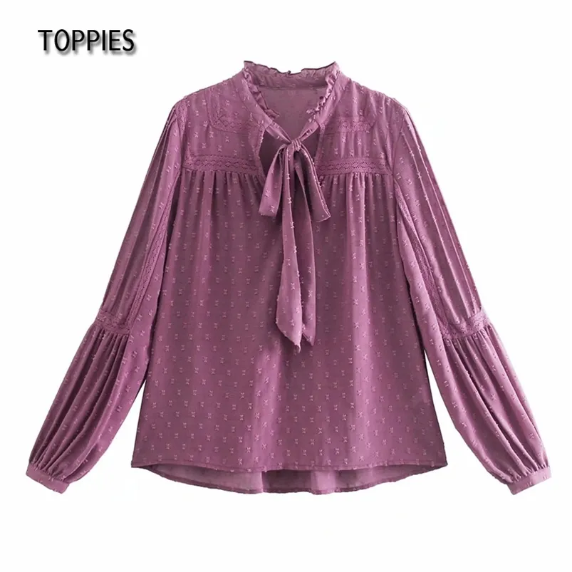 Damesmode Paars Roze Shirts met lange mouwen Elegante Bow Dames Blouse Casual Tops 210421