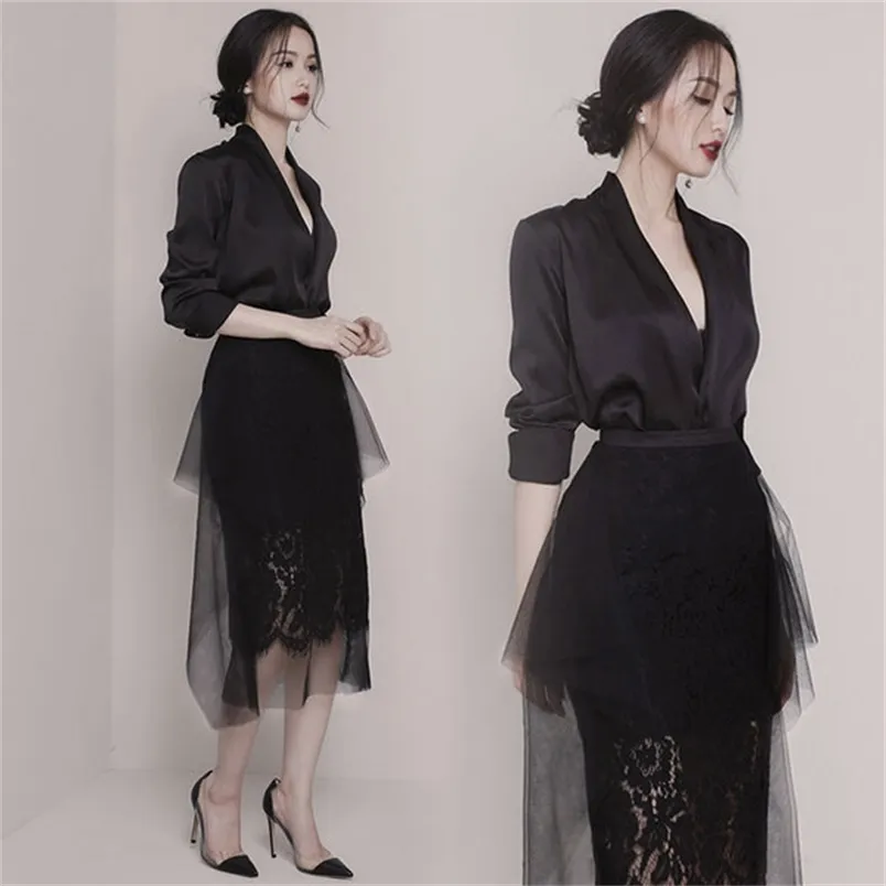 Skirt Suit Set, Womens Two Piece Suits: Elegant Deep V Neck Blazer