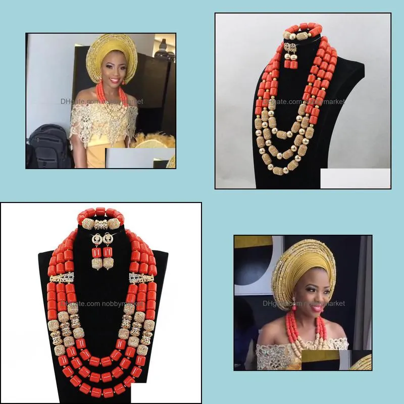 Luxury Nigerian Beads Jewelry Traditional African Wedding Bridal Statement Necklace Set Dubai Free Shipping CNR819 C18122701