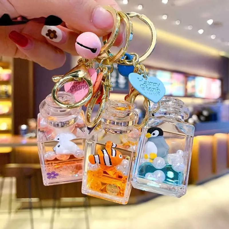 Creative Floating Ocean Animal Keychain Keys Sea Animal Quicksand Girl's Heart Acrylic Key Chain Drift Bottle Keyrings Girl Gift G1019