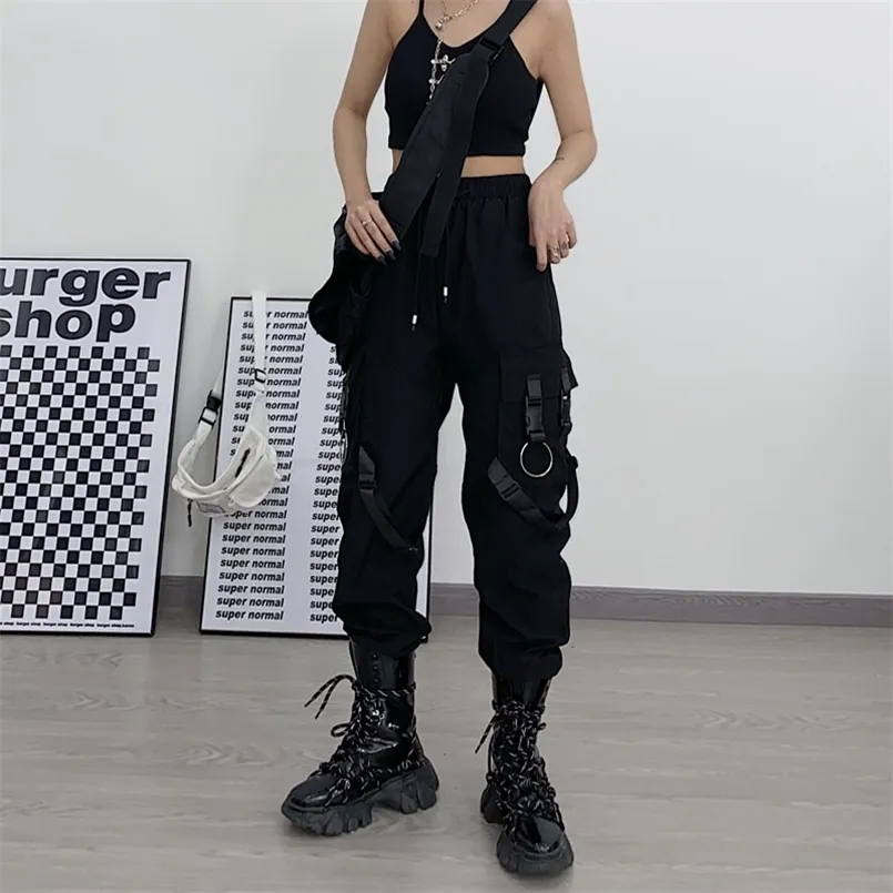 Qwek techwear gótico cargas pretas calças mulheres punk streetwear hip hop showejuku fita de cintura alta calças femininas soltas 211105