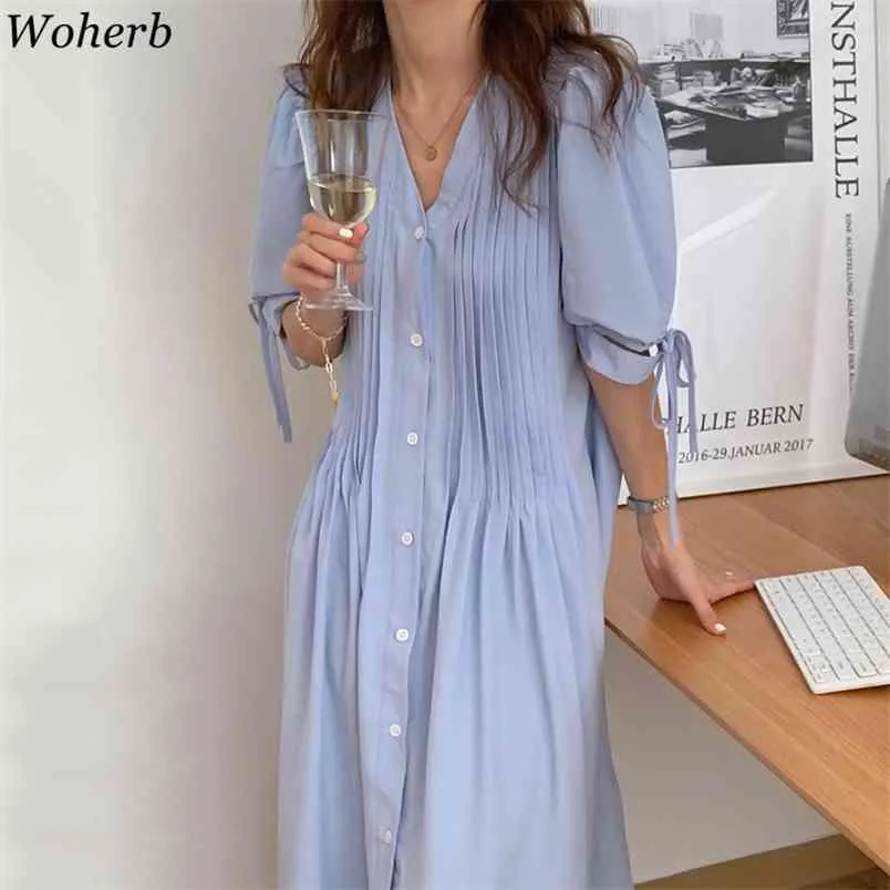 Summer Solid V-Neck Short Sleeve White Flowy Dress for Women - Casual Single-Breasted Mid-Length Pleated Vestidos Summer Solid V-Neck Short Sleeve White Flowy Dress for Women - Casual Single-Breasted Mid-Length Pleated Vestidos
