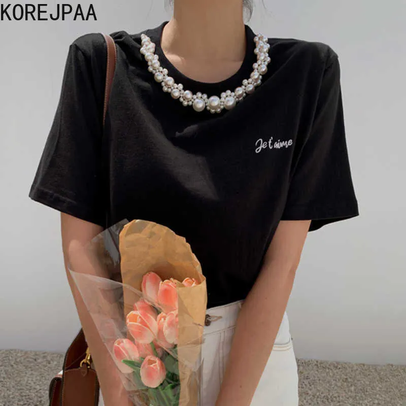 Korejpaa Women Set Summer Korean Chic Temperament Pearl Decoration Letter Embroidery Loose T-shirt High Waist Pleated Skirt 210526