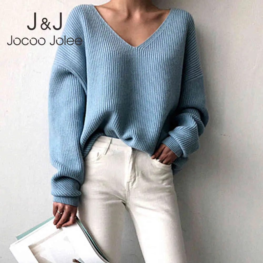 Jocoo Jolee Femmes Sexy Col V Lâche Pulls Automne Hiver Solide Vintage Batwing Manches Pull Coréen Harajuku Jumpers 210518