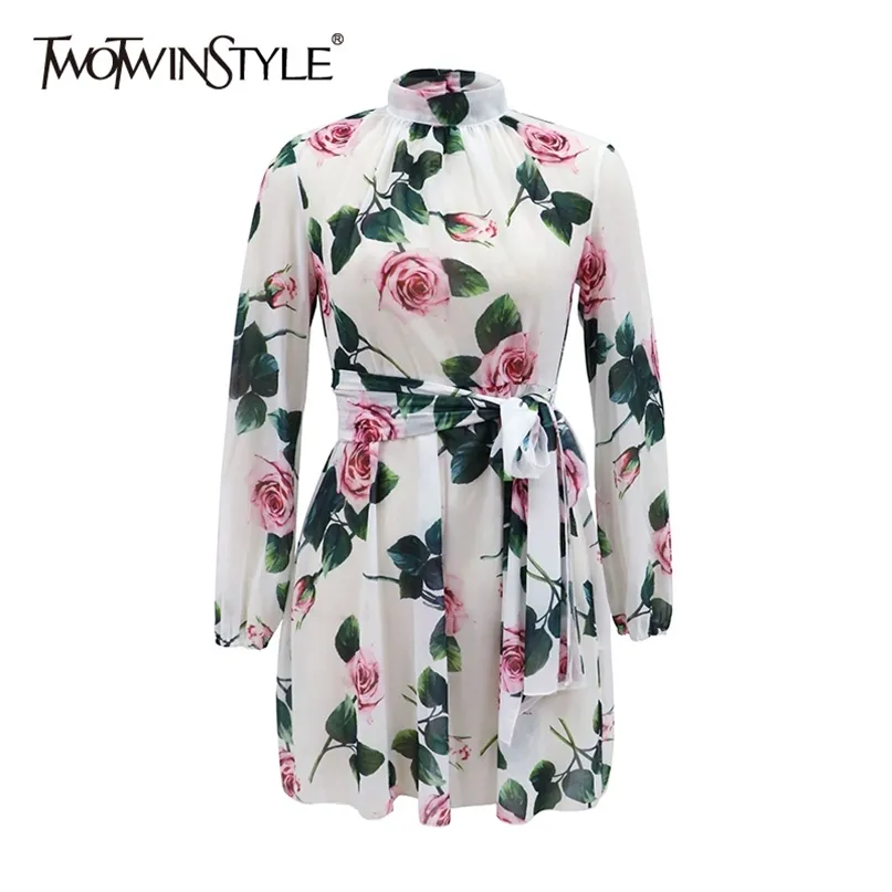 Imprimer Floral printemps robe pour femmes col montant à manches longues taille haute à lacets Vintage robes en mousseline de soie femme 210520