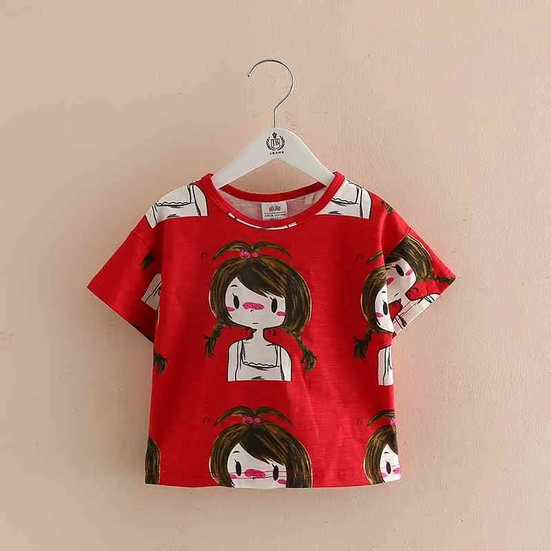 Verão Europeu Estilo Americano 2 3 4 6 8 Anos Crianças Vermelho Dos Desenhos Animados Meninas Imprimir Algodão O-pescoço De Manga Curta Bebê T-shirt Girl 210529