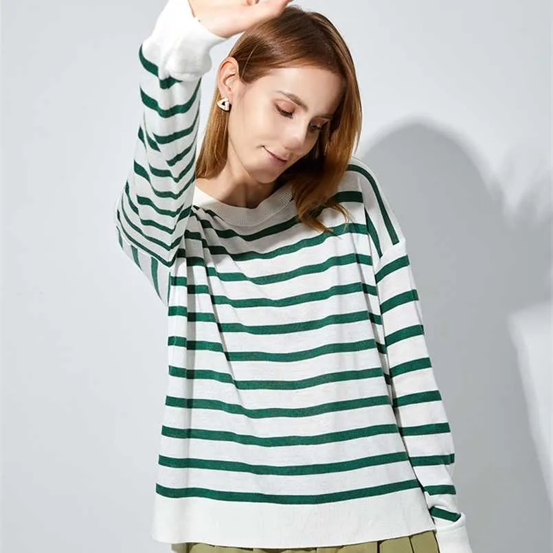 GCAROL Women Color Spliced Stripes Sweater Drop Shoulder Loose Elegant Knit Pullover Soft Stretch Spring Autumn Winter Jumper 211215