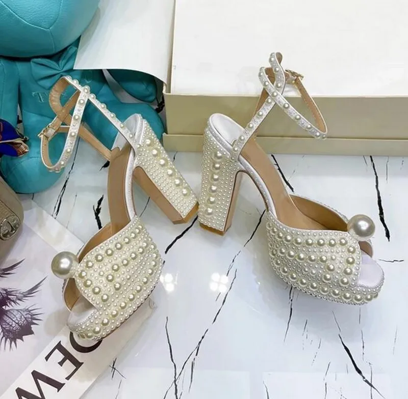 Women Pearls Platform Sandals Peep toe Diamond Wedding Party Shoes Lady Pumps