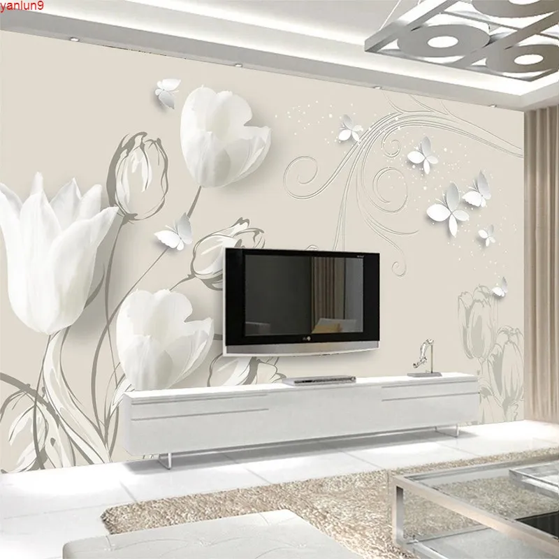 Personnalisé 3D Papier Peint Mural Tulipe Fleur Papillon Art Moderne Peinture Murale Salon Canapé TV Fond Photo Papier Rouleaux Bonne qualité