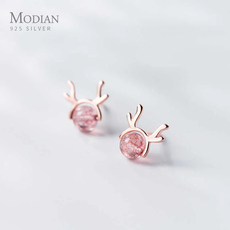 Różowa Strawberry Crystal Lady Stud Kolczyki Dla Kobiet 925 Sterling Silver Tiny Deer Girl Gfits Design 210707