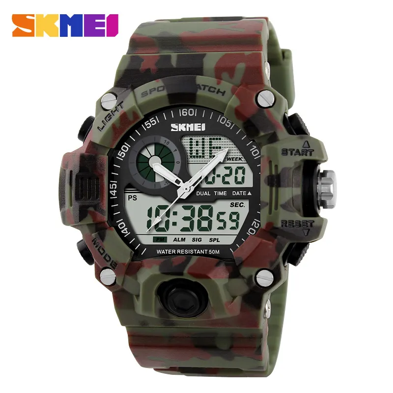 SKMEI 1029 Green Camouflage Military Wristwatch LED Digital Watch Men Sport Super Cool Men's Quartz Sports Watches Male X0524