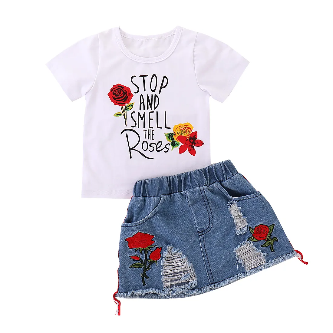 Kinderkleidungsset für Mädchen, weißes T-Shirt und Jeansrock, Sommeranzug, Kinderkleidungssets, Baby- und Kleinkind-Mädchen-Outfits