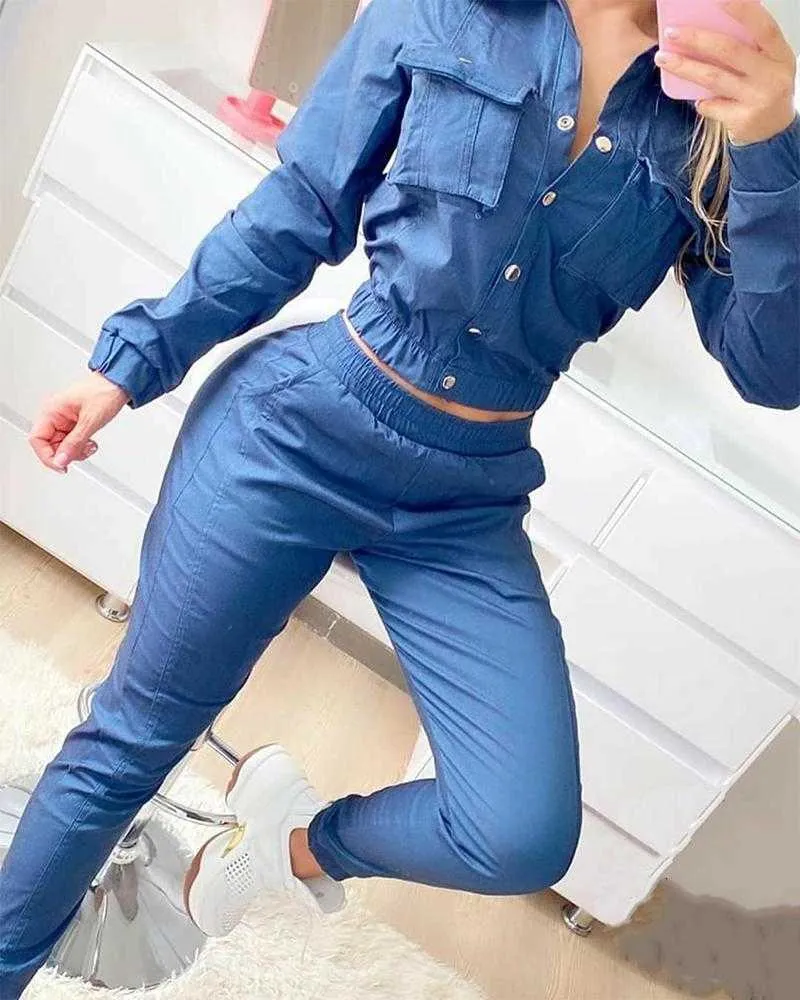 2020 Women Safari Style Autumn Turn-down Collar Crop Top & Long Pants Set Casual Chic Solid Long Sleeve Fitting Denim Suit Sets Y0625