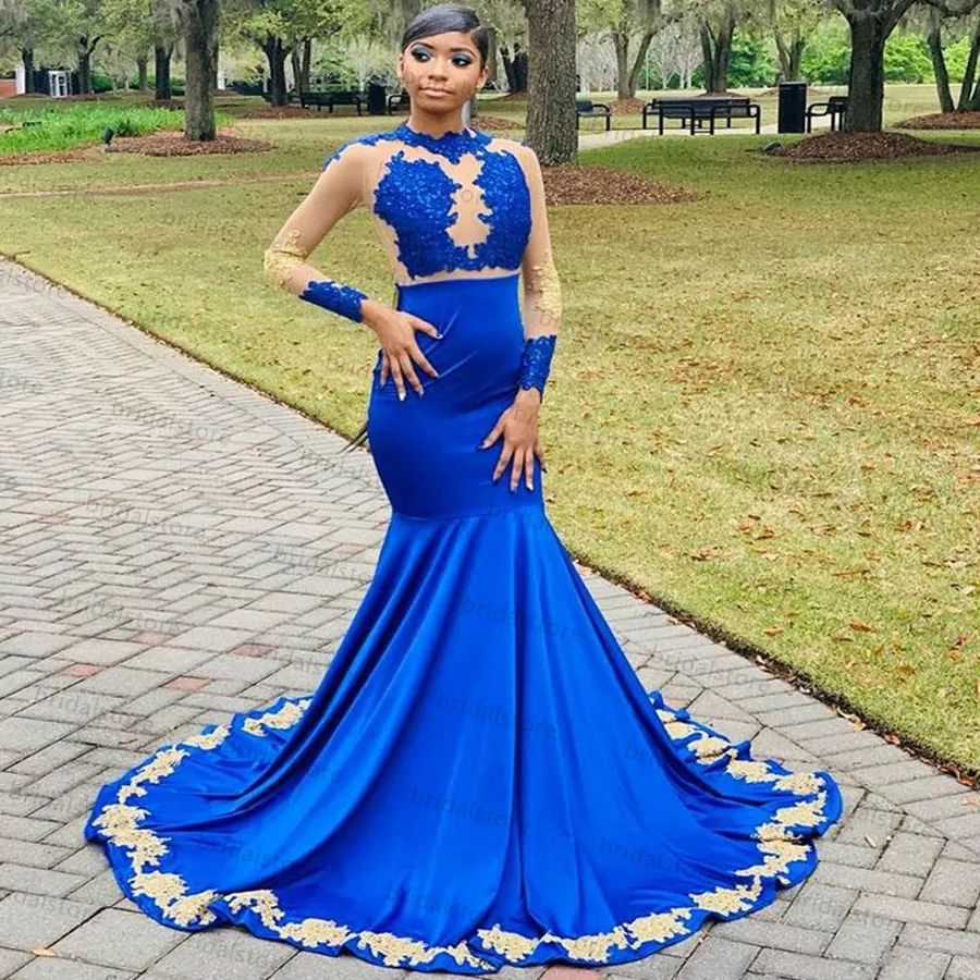 Abito da sera a sirena a maniche lunghe blu royal con applicazioni dorate Taglie forti Abiti da ballo per ragazze nere africane Abiti da festa formale Robe De Soir￩e Vestido Largo Fiesta