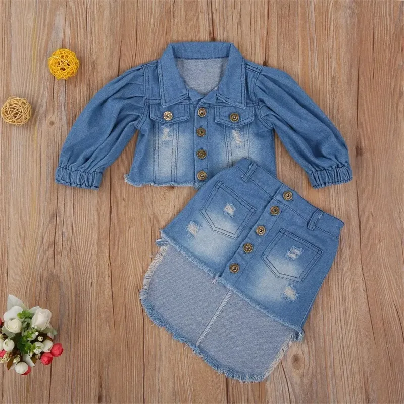 Barn 2st Outfit Kläder Set, Tjejer Blå Puff Sleeve Öppna Front Denim Jacka + Oregelbunden Hem Kjol 1-6 år Vår Höst 2588 Q2