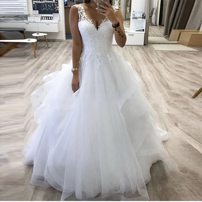 Princesa Branca Vestidos de Noiva Linha A Vestidos de Noiva Fofas Saia de Tule sem Mangas Vestido de Noiva Longo até o Chão