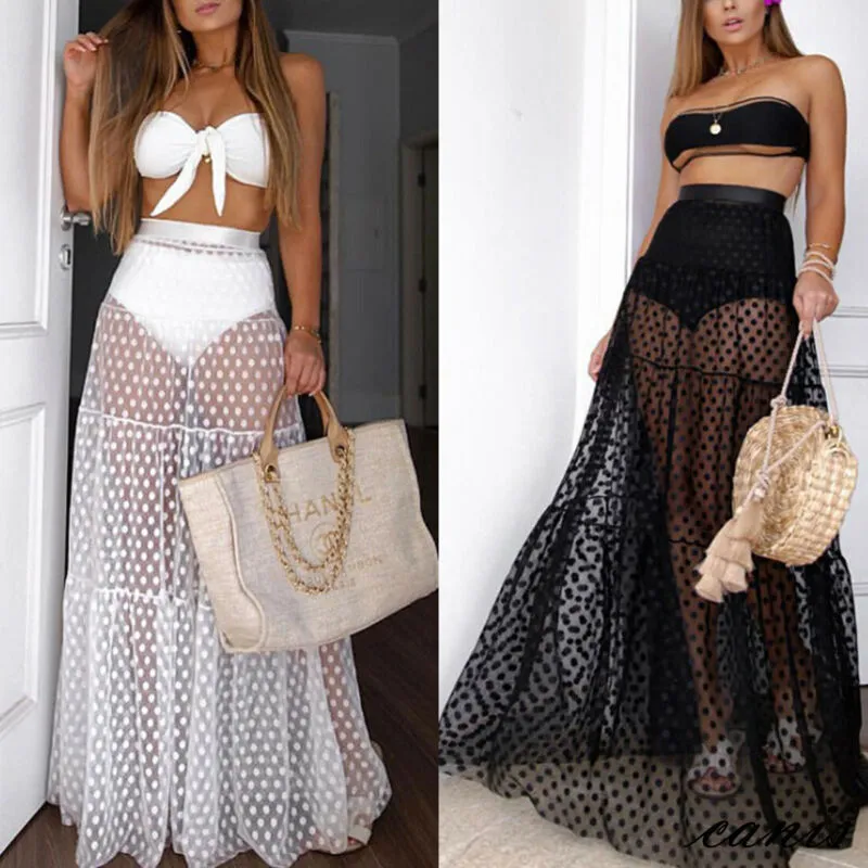 Femmes maille pure Maxi jupe jupe portefeuille plage Tulle voir à travers la robe vêtements de plage maillots de bain Bikini porter couvrir dentelle Crochet robes taille xl