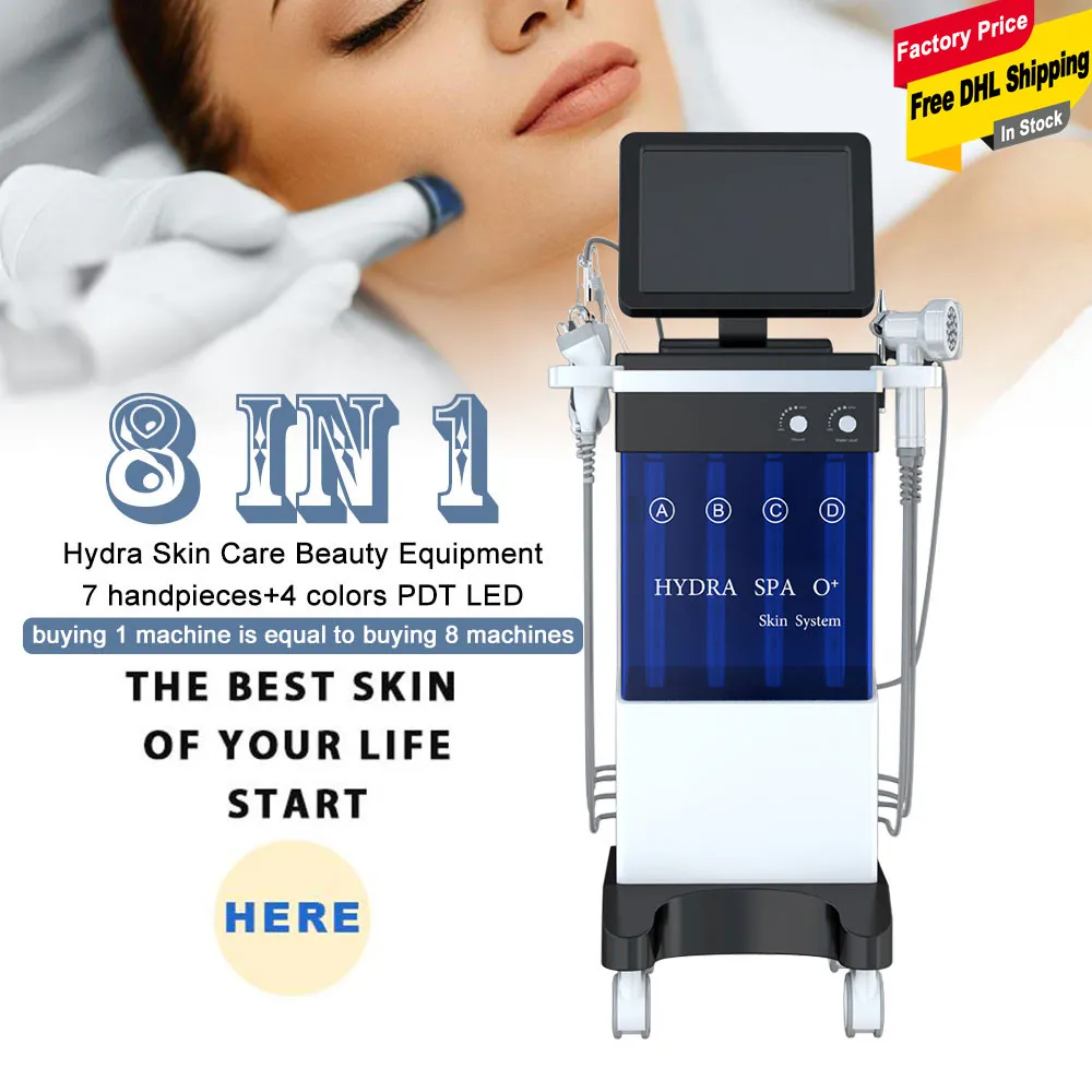 8 في 1 Hydra Dermabrasion Oxygen Sprayer Jet Vacuum RF BIO-PHOTON العناية بالبشرة آلة Microdermabrasion آلة تنظيف عميق جهاز تقشير المياه الهادئة