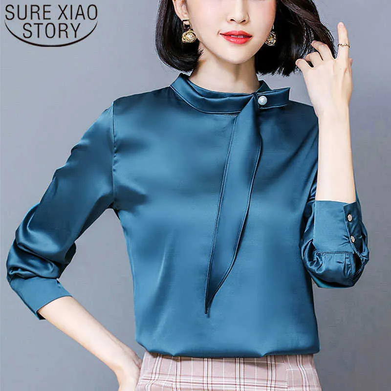 Primavera edición coreana pulóver mujer blusa satén arco perla hebilla manga larga camisa mujer Blusas mujer Top 8052 50 210528
