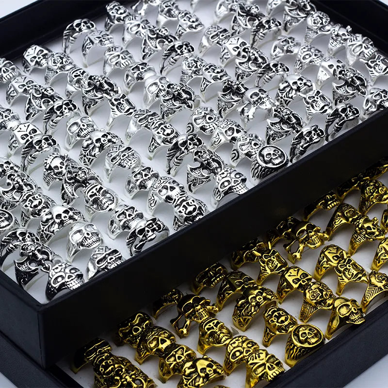 Lote de anéis de caveira esculpidos para homens de motociclista prata/banhado a ouro anel de liga bijuterias 50 pçs/lote