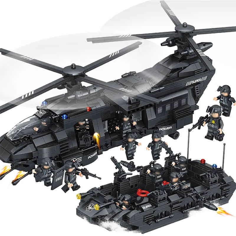 1351 pièces militaire ville Police modèle blocs de construction Kits SWAT équipe Transport hélicoptère Kit jouets pour enfants garçons cadeau de noël X0503