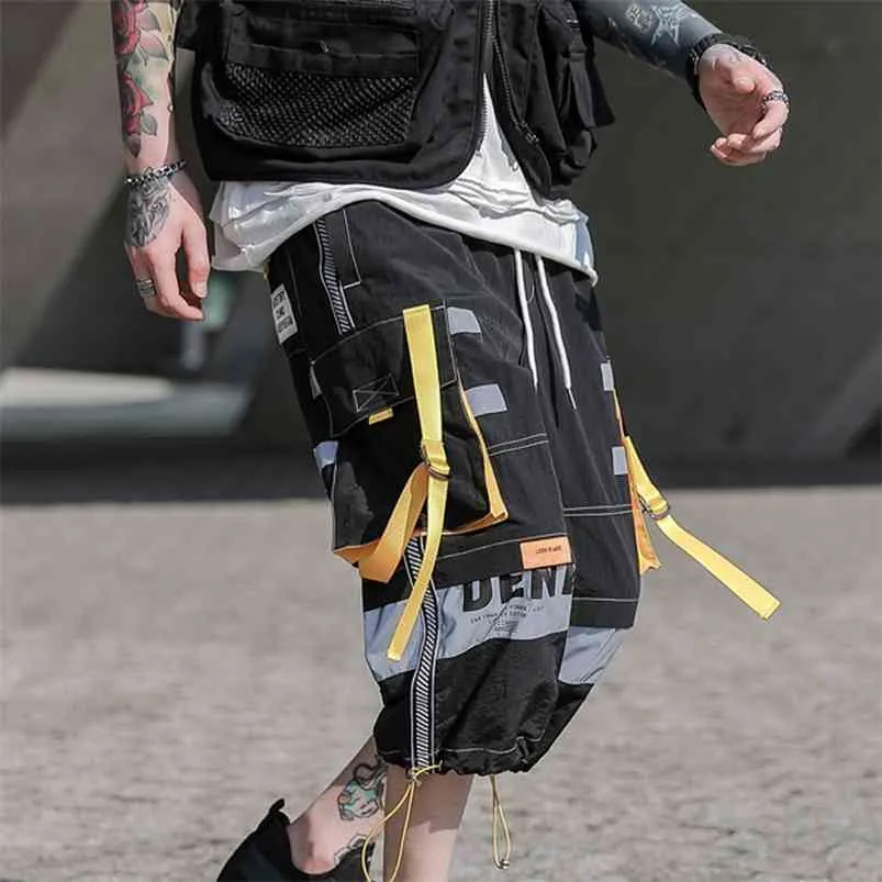 Chegada multi bolso hip hop shorts homens fita elástica cintura elástica harajuku streetwear mens carga calças curtas macho 210720
