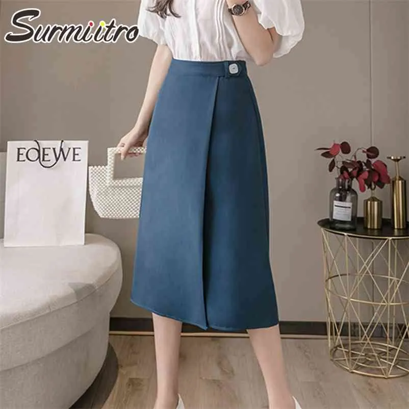 Spring Summer Office Wrap Skirt Women Korean Style High Waist Aesthetic Midi Split Female OL 210421