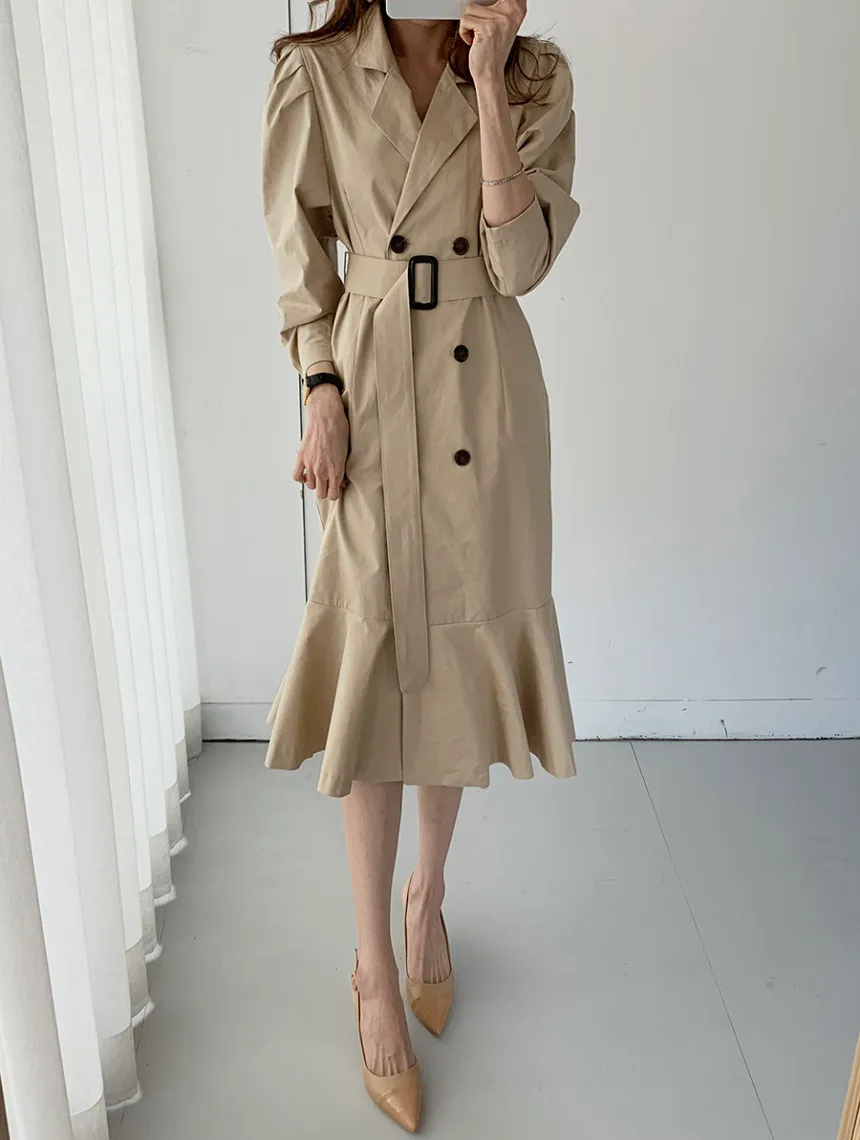 Elegant Minimalist Double-Breasted Mermaid trench trench