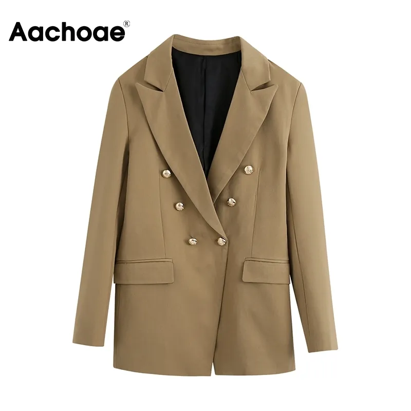 Aachoae Rahat Kahverengi Blazer Kadın Kabanlar Kruvaze Moda Lady Blazer Suit Uzun Kollu Ofis Giymek Ceket Femme Veste 210413