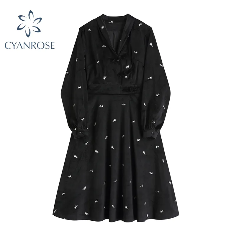 Black Flannel French Dress Elegant Women Vestidos Spring Party Frocks Ladies V Neck Long Sleeve Chic Ins Romantic Clothing 210417