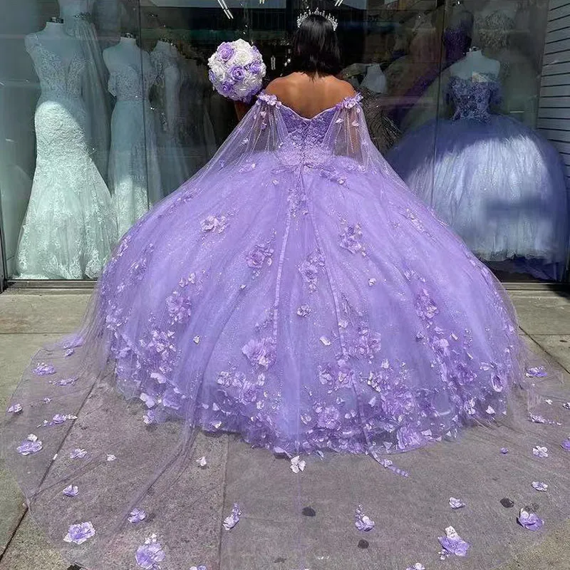 Glitter roxo quinceanera vestidos cinta de espaguete com envoltório doce 15 vestidos 3d flor grânulo vestidos 16 festa de formatura wears336r