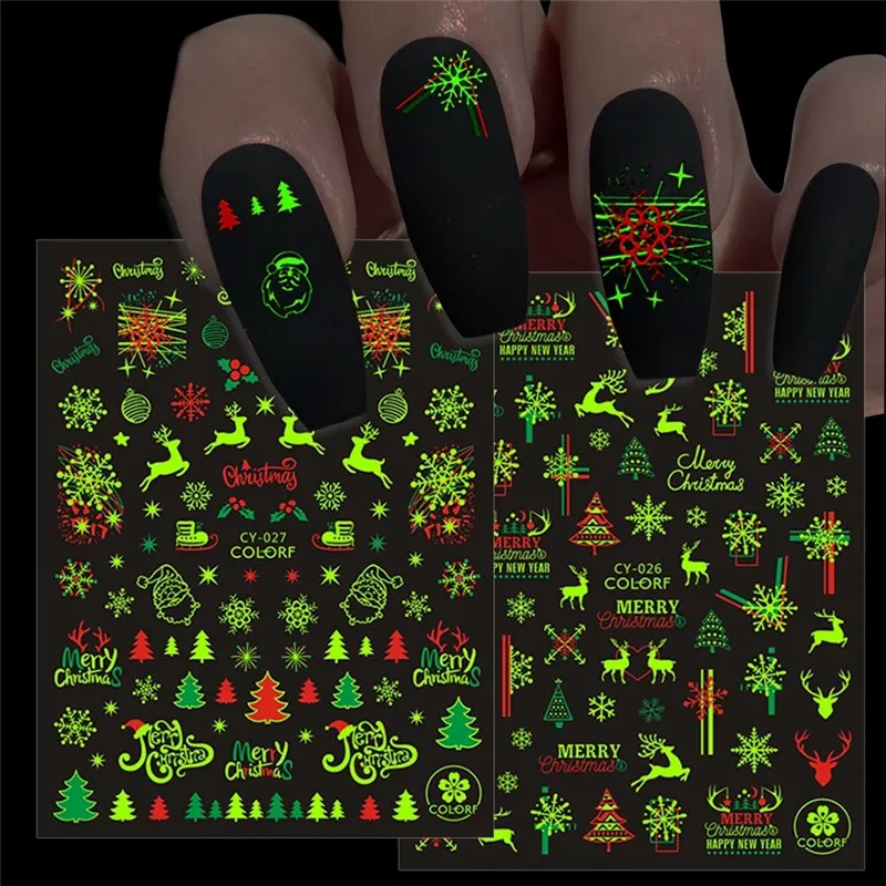 2021 Novo Luminoso Natal Nail Art Adesivos De Neve Flocos Boneco De Neve Árvores Elk Unhas Adesivos Decorações Acessórios Manicure Decor para o presente do Natal