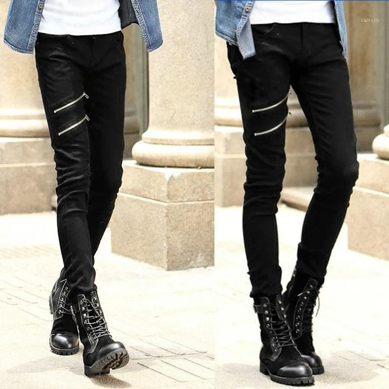 Mäns Jeans 2021 Fashion Summer Tunna Double Zipper Skinny Teenagers Boys Black Show Hip Hop Streetwear Penna Män 28-34