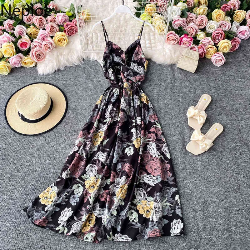 NEPLOE MAXI JURSES voor Dames Strand Stijl Sexy Sling Jurken Zomer Floral Robe Hoge Taille Slanke Backless Big Swing Vestidos 210422