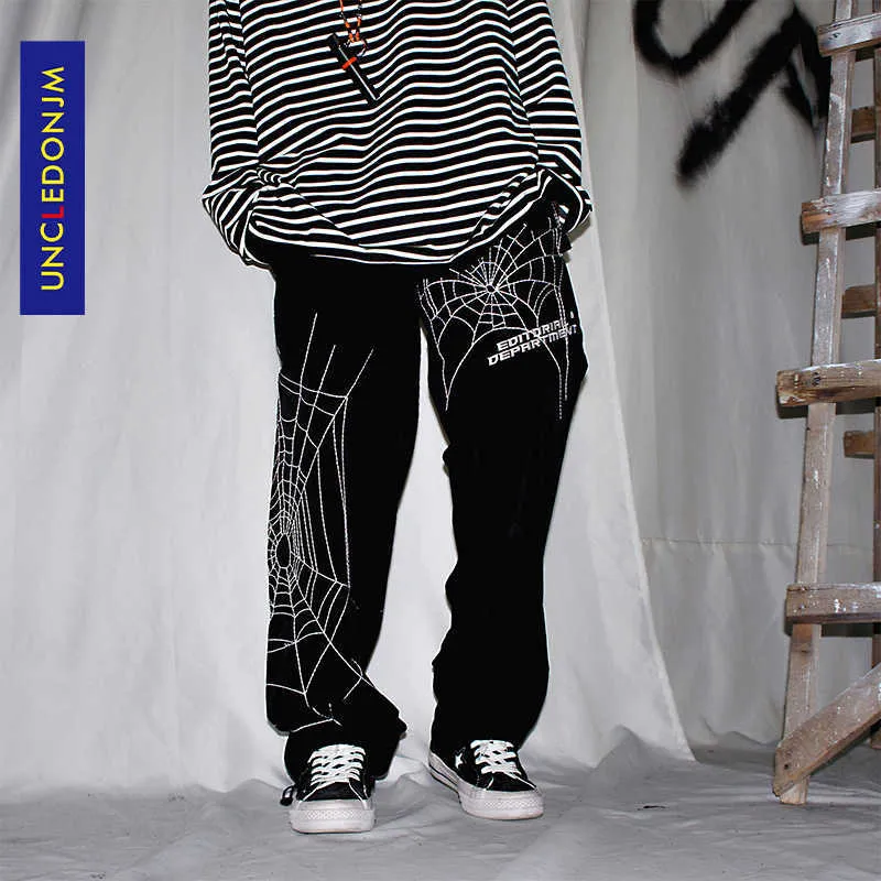 UNCLEDONJM мешковатые шаровары с вышивкой пауком, уличная одежда, мужские летние повседневные брюки в стиле хип-хоп, модные мужские брюки ED933 210616