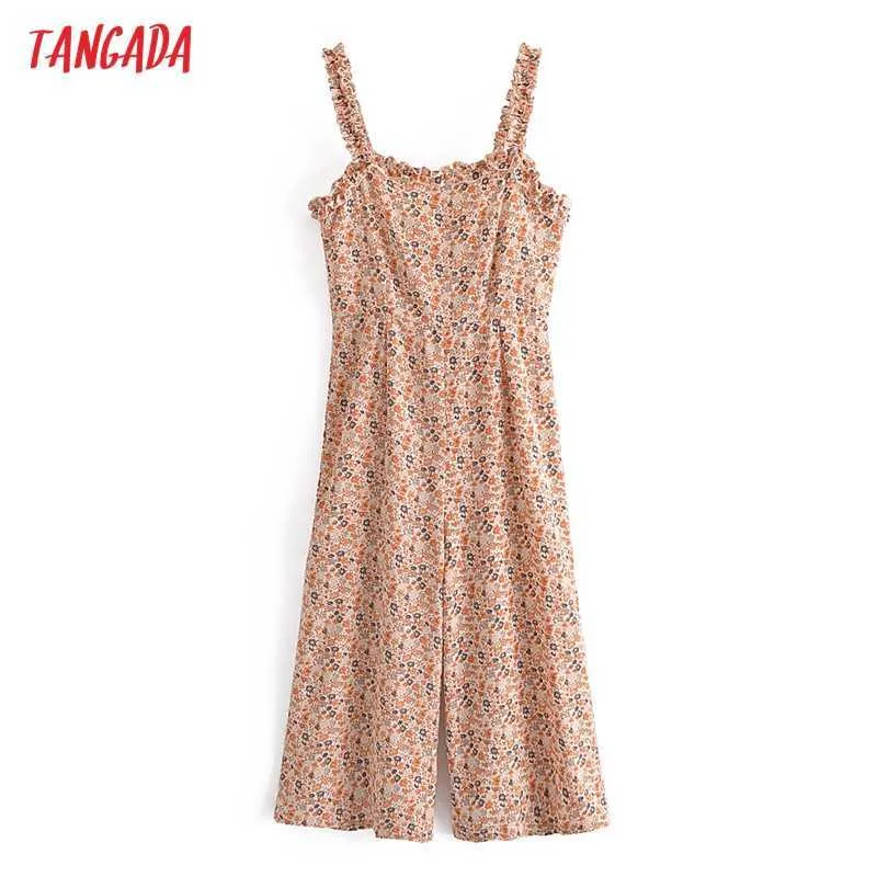 Tangada Women Vintage Floral Playsuits Ruffles Strap Sleeveless Rompers Ladies Summer Casual Chic Jumpsuits 3W104 210609