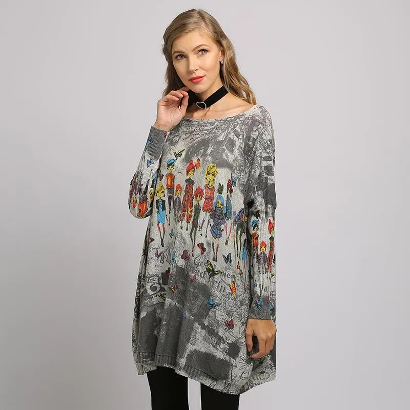 Camisolas femininas XIKOI 6302 Mulher suéter de tamanho longo Batwing Sleeve Sloves Pullovers O-pescoço Moda de malha casual Roupas de impressão regular