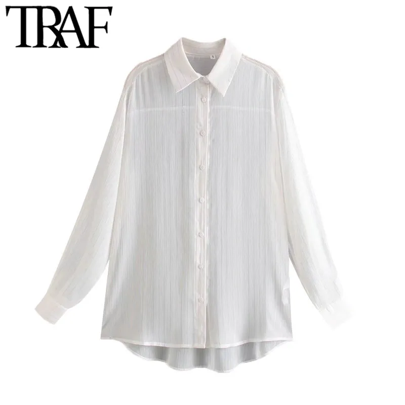 TRAF Mulheres Moda Semi-Sheer Fio Metálico Listrado Blusas Vintage Manga Longa Botão Camisas Femininas Chic Tops 210415