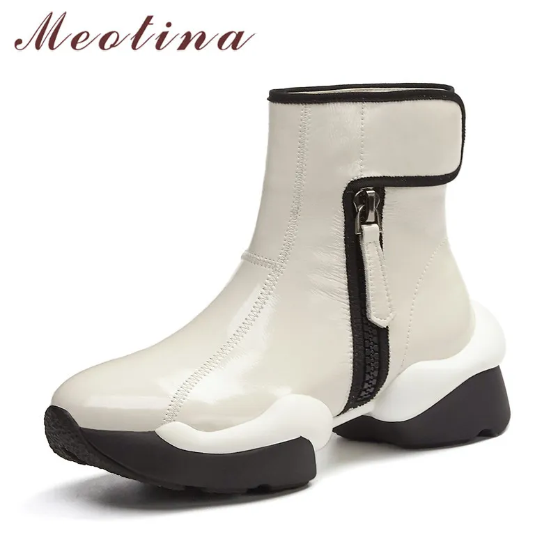 Meotina Ankle Boots Mulheres Sapatos de Couro Real Plataforma de Couro Alto Salto Senhoras Botas Zip Grosso Saltos Botas Curtas Outono Inverno Preto 42 210520