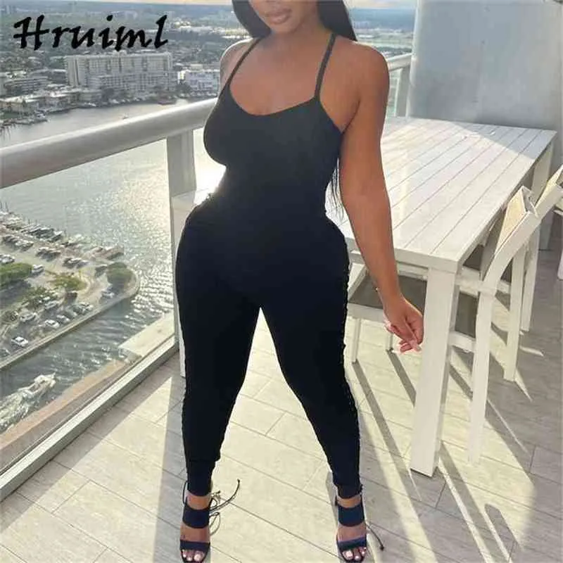 Black Sling Jumpsuit Fashion Skinny Hollow Out Sexy Women Solid Color Backless Night Club Enterizos Para Mujer 210513