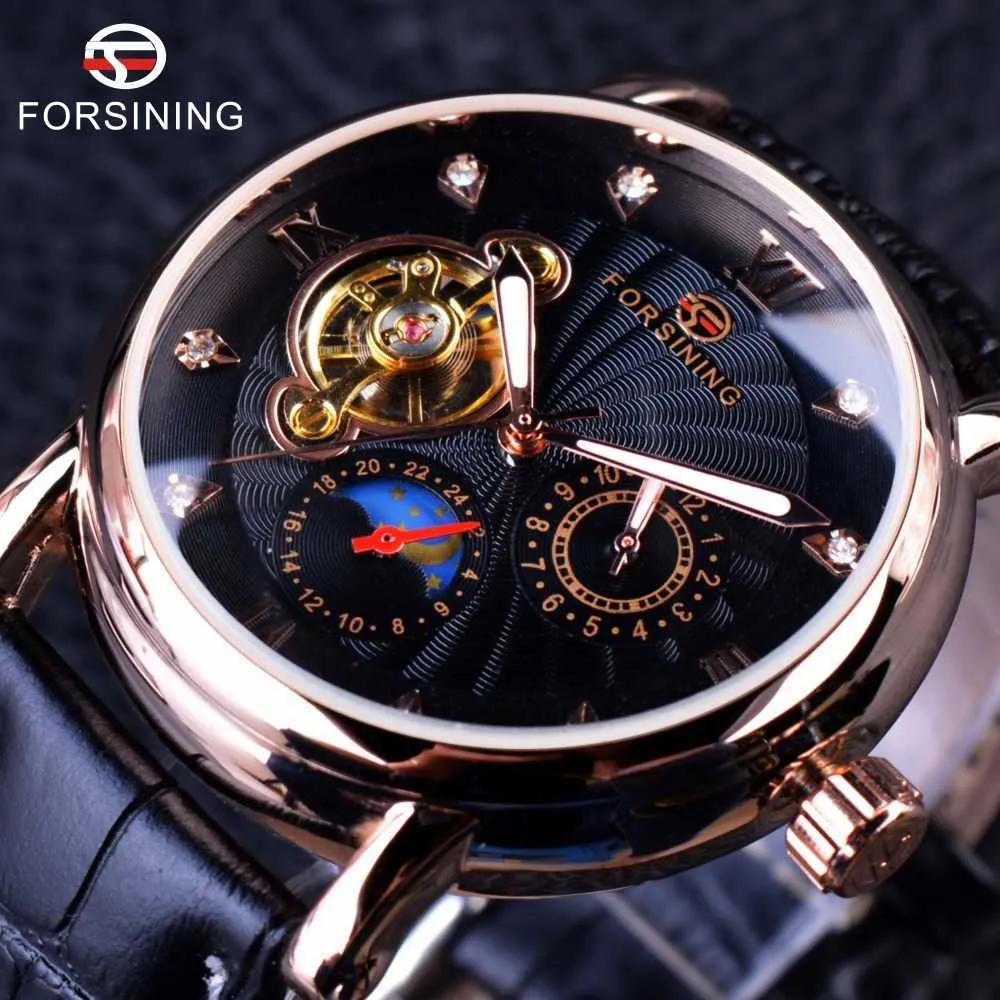 Forseining Fashion Luksusowe serie Luminous Design Rose Golden Case Mężczyźni Zegarek Top Marka Tourbillion Diament Wyświetlacz Automatyczny zegarek Q0902