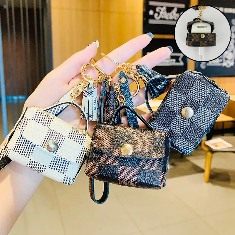 Fashion Mini Plaid Bag Keychains Simple Coin Purse Earphone Storage Key Charm Gifts