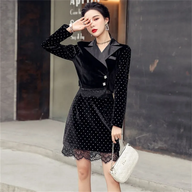 Fashion Women Two Piece Set Dot Velvet Long Sleeve Black Jacket + High Waist Lace Patchwork Mini Skirt Suit 210519