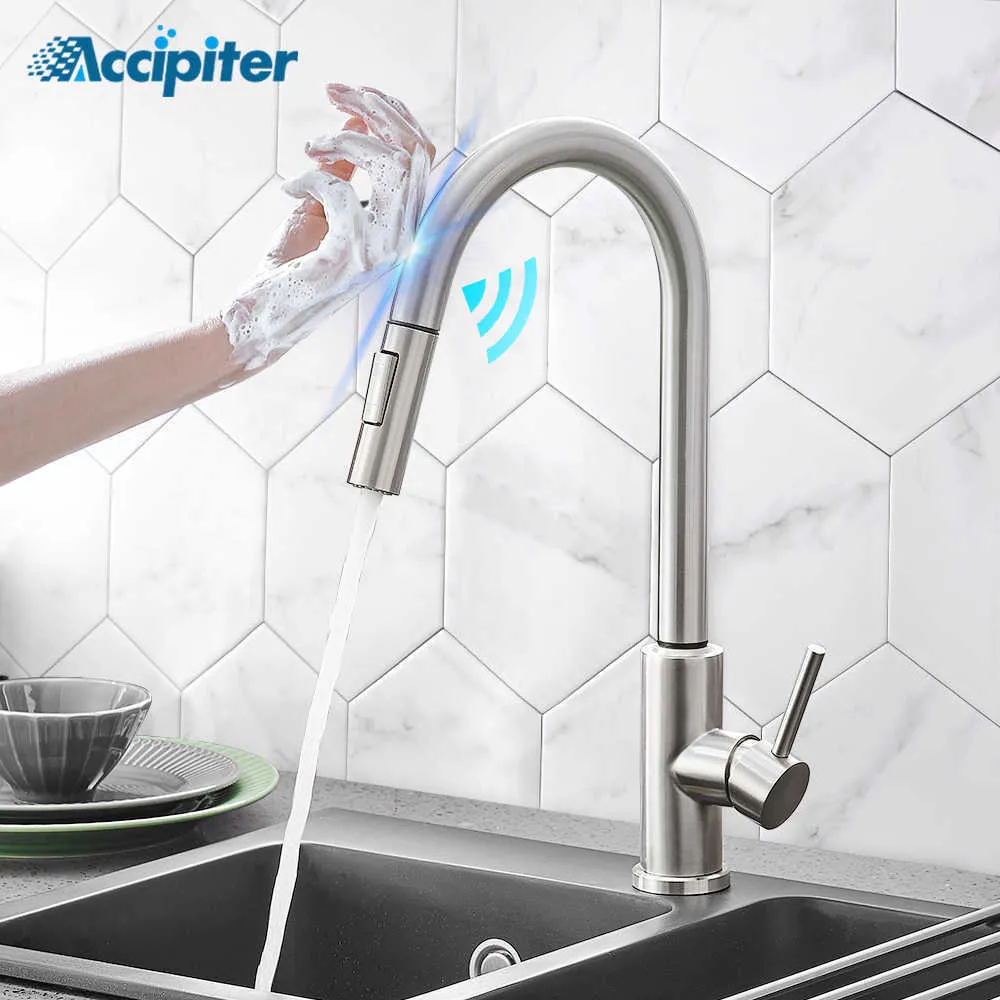 Pull Out Brush Nickel Sensor Kitchen Faucets And Cold Sink Faucet Kitchen Mixer Touch Control Sink Tap 210724