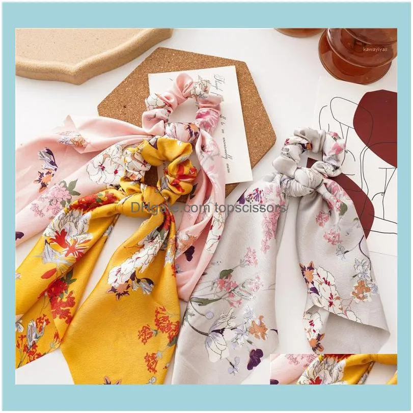 Verktyg ProductSwomen Floral Print Ribbon Hair Rope Big Bow Chiffon Streamers Scrunchies Horsetail Slipsar Aessories Headwear1 Drop Leverans 20