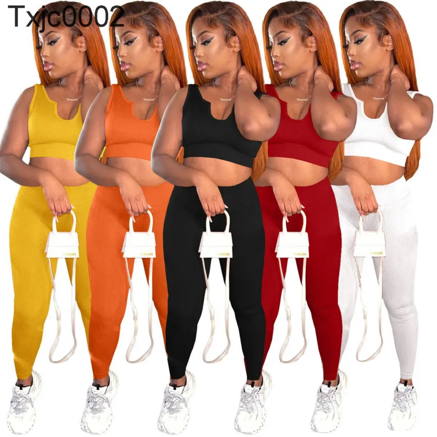 Women Two Pieces Pants Designer Slim Sexy Sleeveless Pants Casual Sports Vest Solid Colour Sportwear 5 Colours