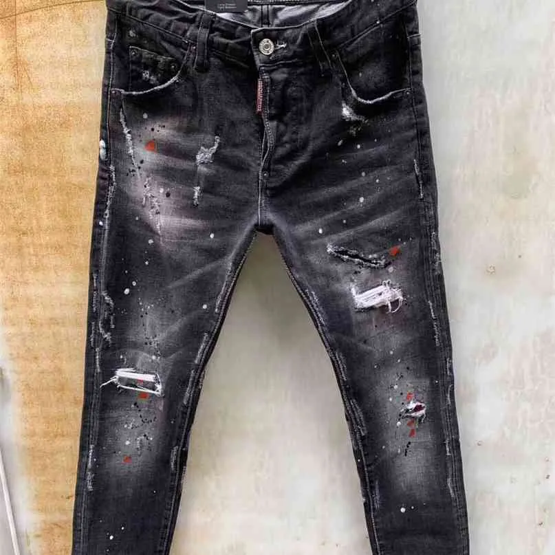 Mode Streetwear Men Jeans Högkvalitativ Slim Fit Paint Designer Elastic Hip Hop Pants Spliced ​​Biker Storlek 44-54 210723
