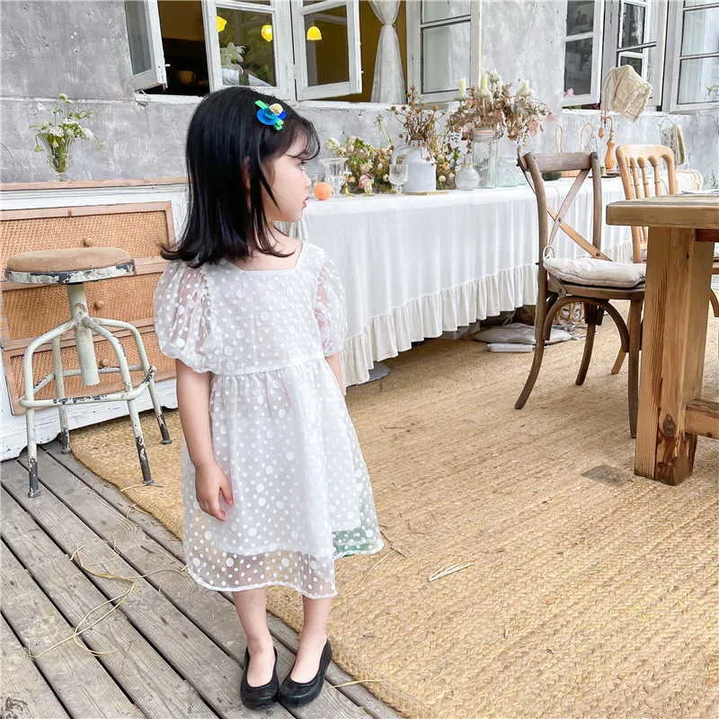 Korean Style Summer Girls Dress White Polka Dot Ruched Collar Short Puff  Sleeves Knee-Length Cotton E1025 from Dhgate Girl's Dresses - price 35.23