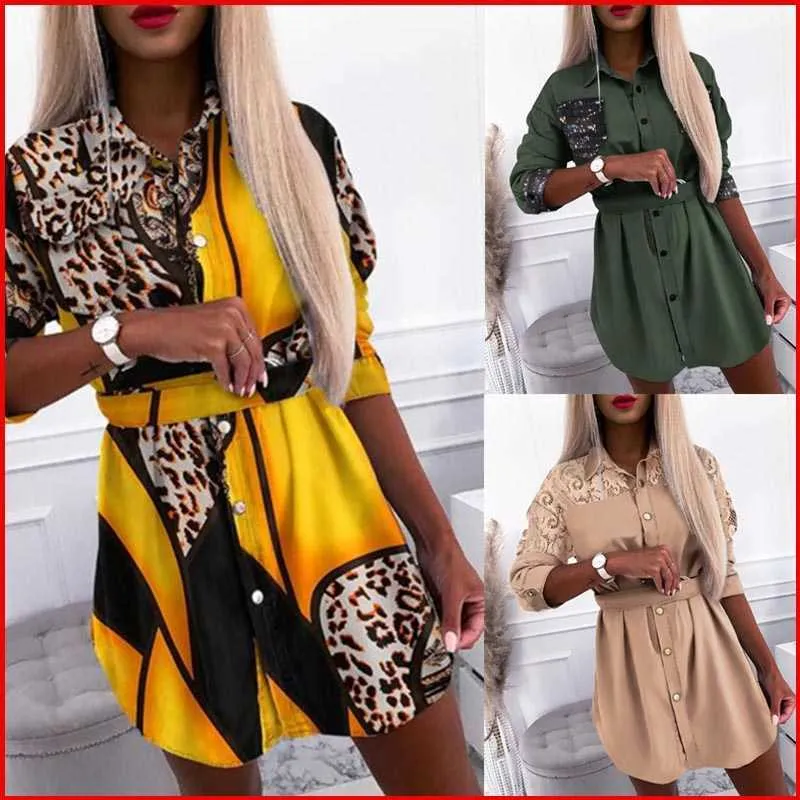 Women Leopard Printed Sequined Shirt Dresses Lace Patchwork Long-sleeved Robe Lapel Collar Belt Button Dress Femme Sexy Vestido Y1006